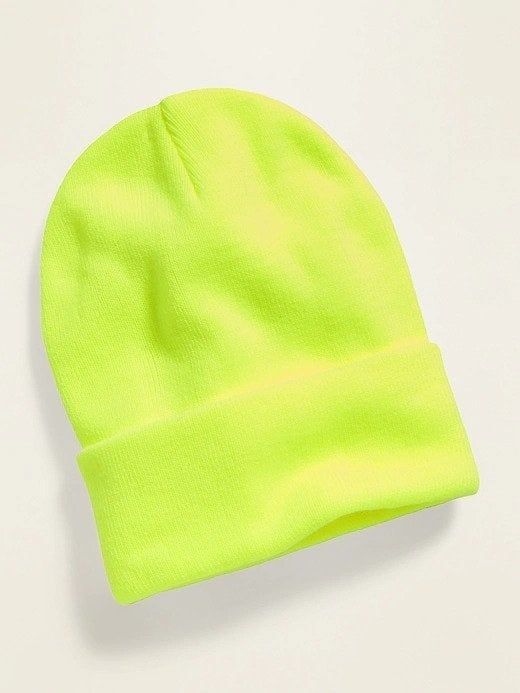 A neon yellow cuffed beanie