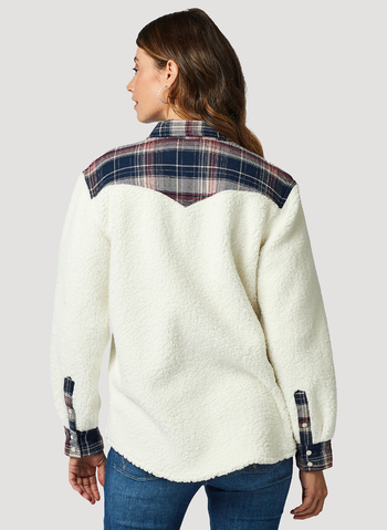 model showcasing the back of the sherpa shirt jacket