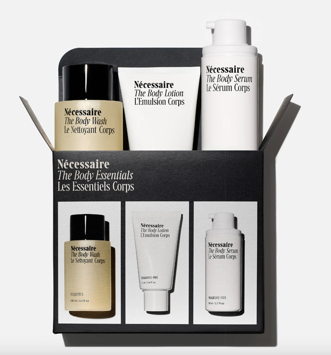 Nécessaire travel kit with body wash, lotion, and serum