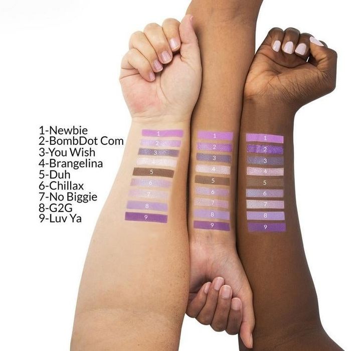 Swatches of the purple palette on three models with varying skin tones. Shades include: newbie, bombdot com, you wish, brangelina, duh, chillax, no biggie, g2g, and luv ya