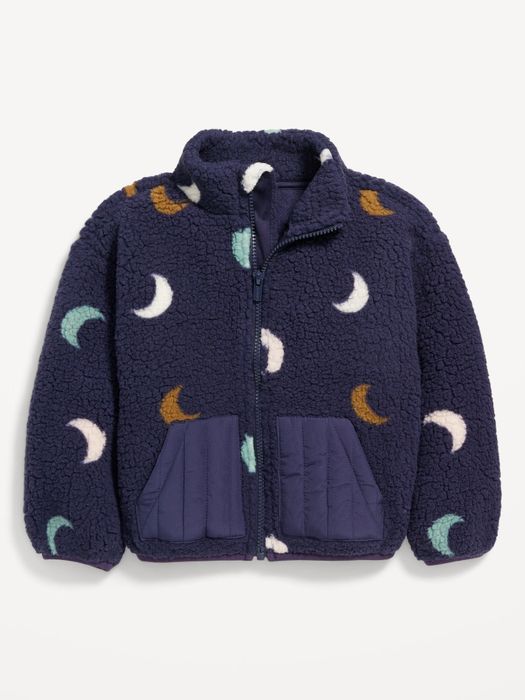 A dark blue zip jacket adorned with crescent moon designs