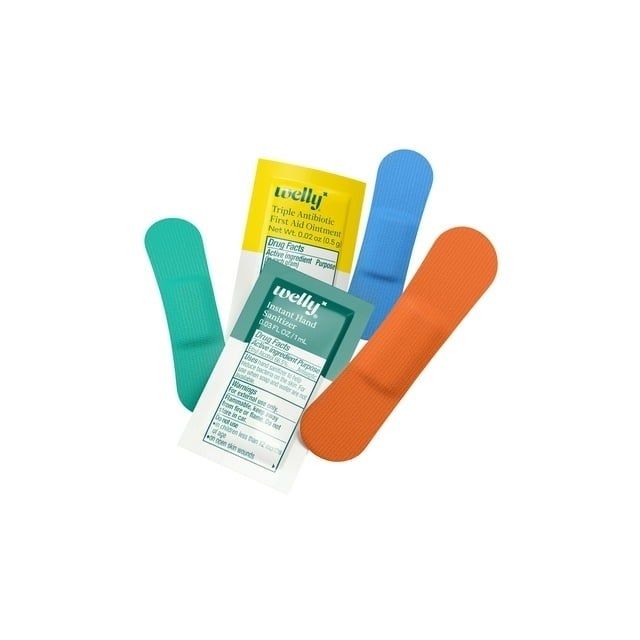 An assortment of adhesive bandages and an antiseptic wipe displayed on a white background.