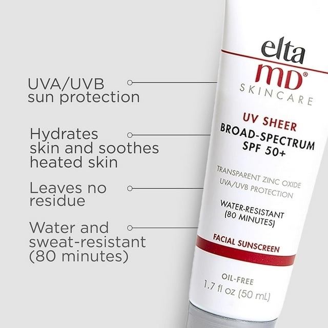 A bottle of EltaMD sunscreen showcasing UV protection, hydration, residue-free application, and water resistance.
