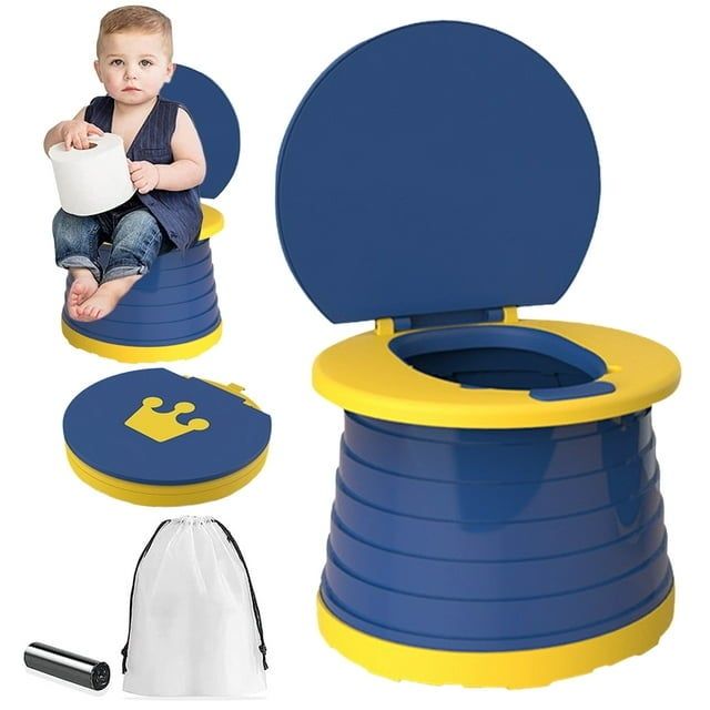 A child sitting on a blue collapsible potty