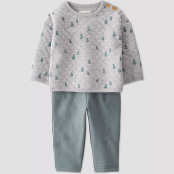 A gray quilted sweatshirt featuring small tree designs paired with matching greenish-blue pants