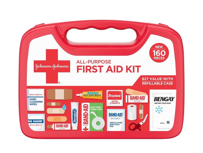 A Johnson & Johnson first aid kit, packed with essential medical supplies and a refillable case for easy storage