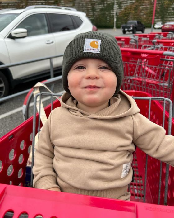 The Mytour editor’s son rocking a dark green Carhartt beanie