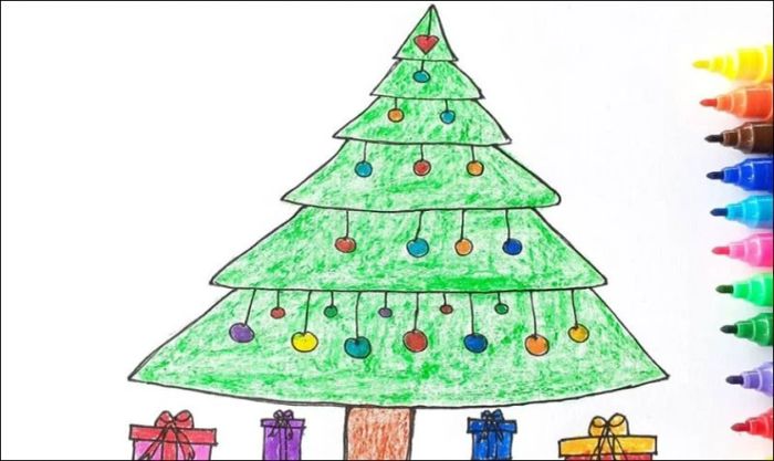 Vẽ cây thông Noel sử dụng màu sáp sinh động