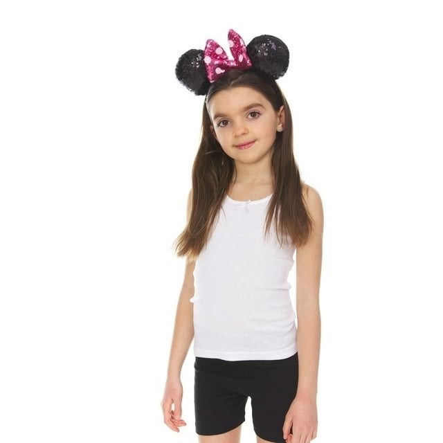 A child wearing a Mouse ears headband with a sequined bow, perfect for themed parties or dress-up.