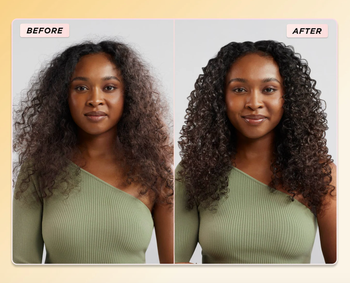 before and after photo of a model showing limp hair transformed into defined curls