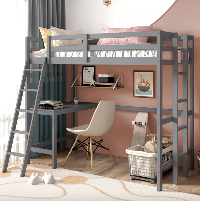 a gray twin loft bed featuring a desk space below