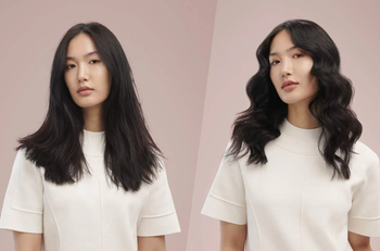 transformation photo of a model from straight to curled hair