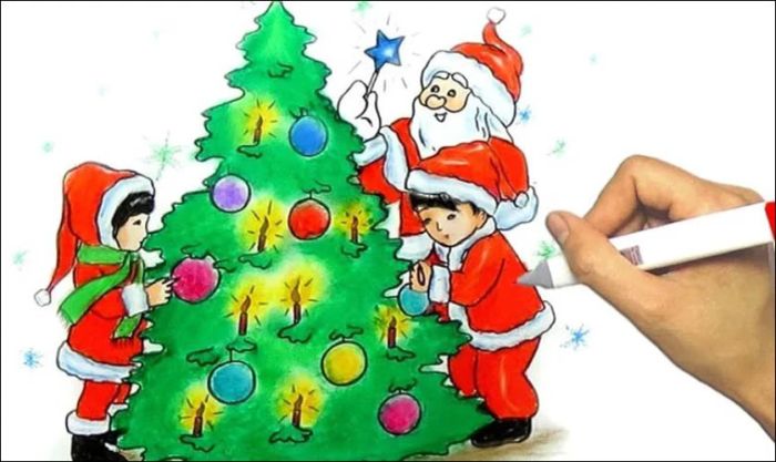 Hướng dẫn vẽ cây thông Noel kết hợp với hình ảnh người và nến