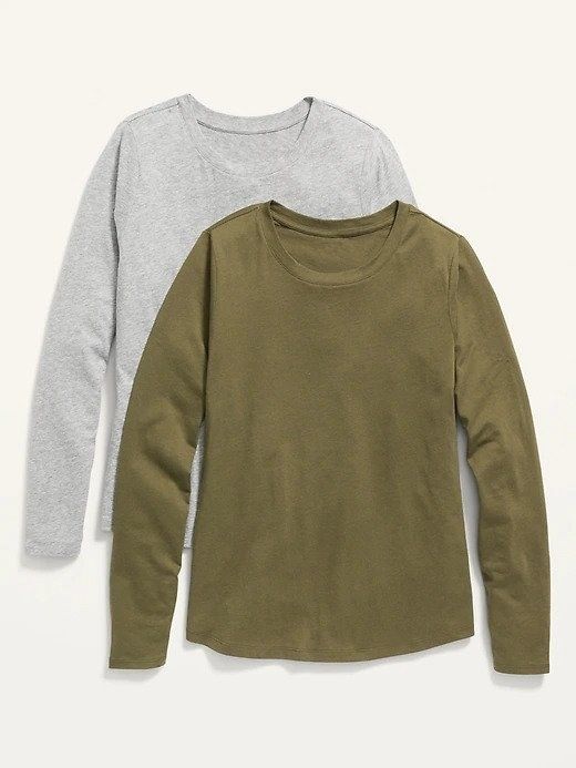 A plain olive green long-sleeve tee shown alongside a plain grey long-sleeve tee.