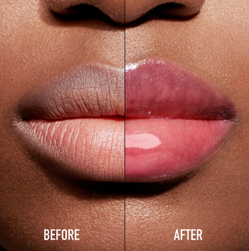 before and after photo of a model showcasing the lip oil's effect