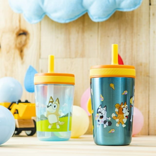 Two sippy cups featuring Bluey characters, each with a silicone straw