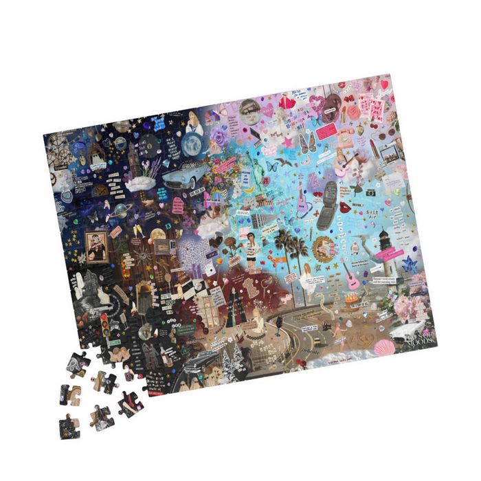 A partially completed jigsaw puzzle with intricate designs and icons, surrounded by scattered pieces