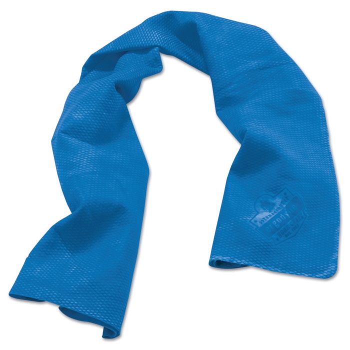 A textured blue cooling towel featuring a logo in the bottom right corner.