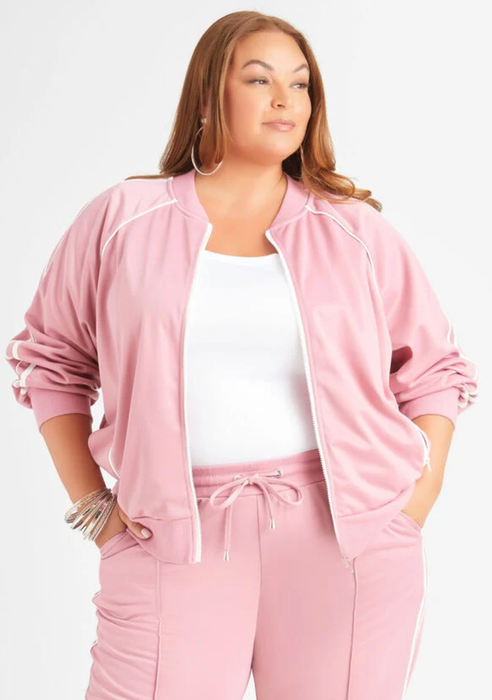 model wearing the stretchy pink track jacket