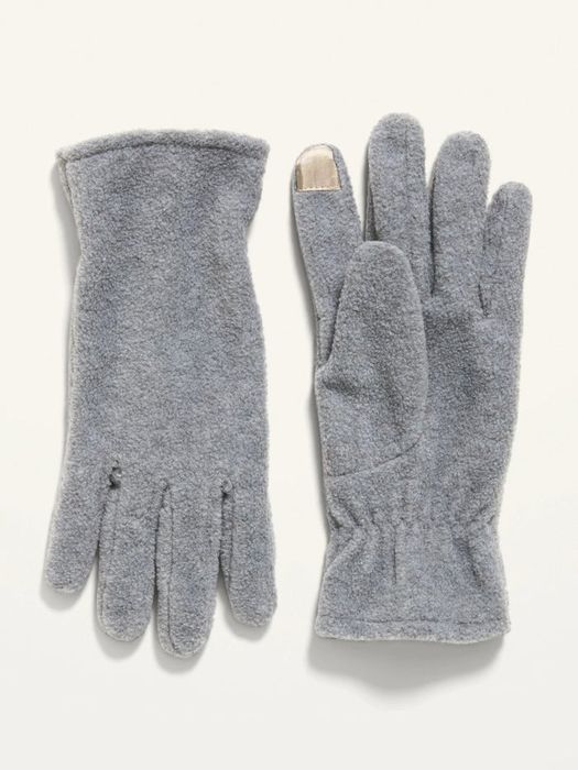 A pair of grey fleece gloves designed with a touch-friendly fingertip, perfect for texting even in cold weather.