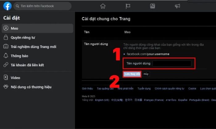 các thao tác để thay đổi liên kết facebook trên fanpage