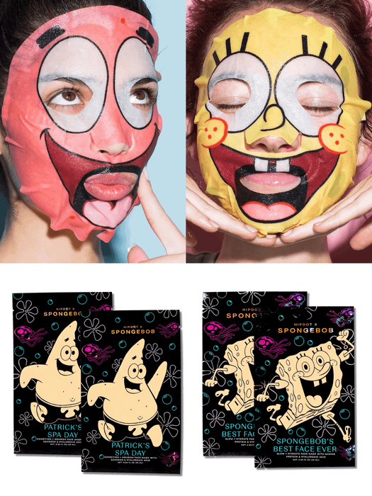 two models wearing SpongeBob and Patrick face masks