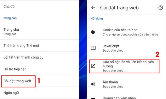 Chọn mục Cửa sổ bật lên và liên kết chuyển hướng