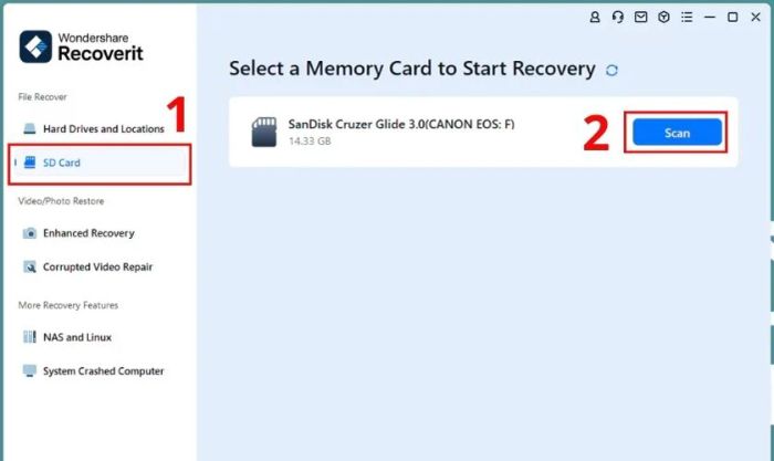 Chọn thẻ nhớ SD trong External Devices và nhấn Scan để quét