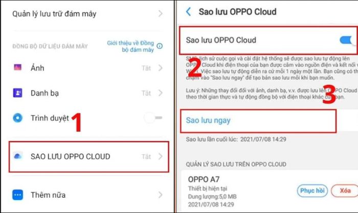 Kích hoạt Sao lưu OPPO Cloud và chọn Sao lưu ngay