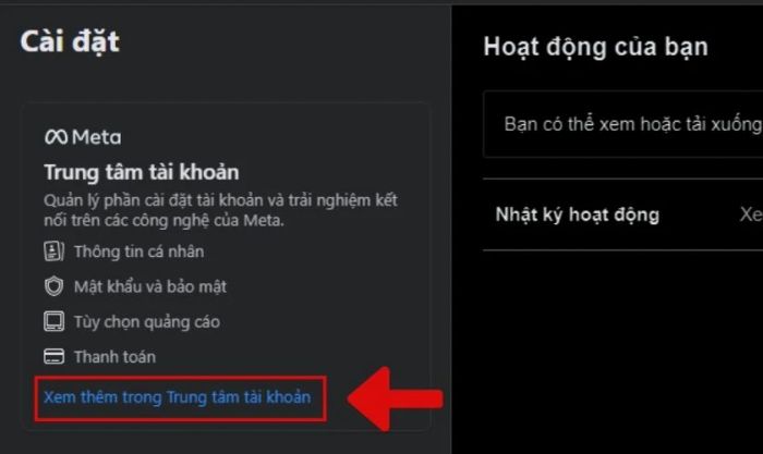 giao diện mục xem thêm trong trung tâm tài khoản