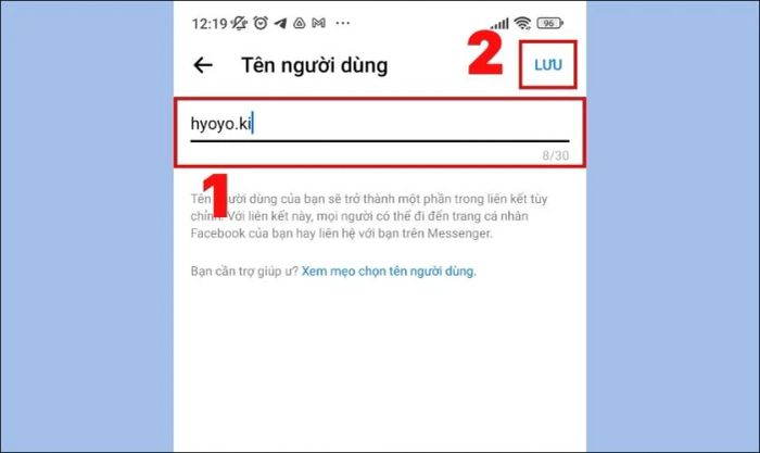 đặt lại tên để thay đổi liên kết facebook