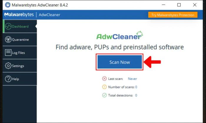 Mở Malwarebytes AdwCleaner vừa tải về, trên màn hình chính chọn Scan Now để bắt đầu quét