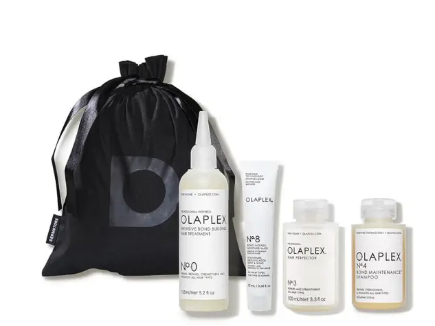 The four bottles included in the hair care treatment set, along with a Dermstore bag.