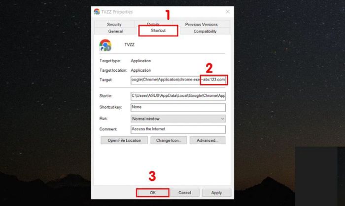 Chọn mục Shortcut, tìm mục Target và xóa những địa chỉ web nghi ngờ