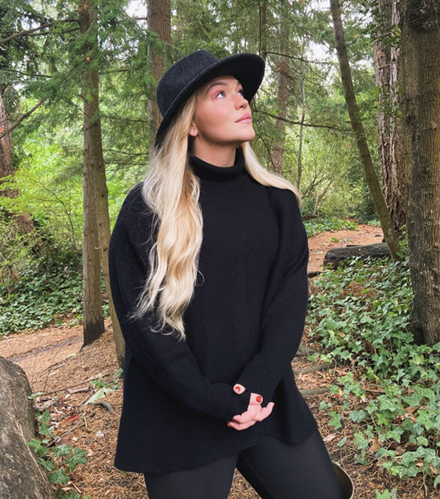 reviewer modeling the black sweater