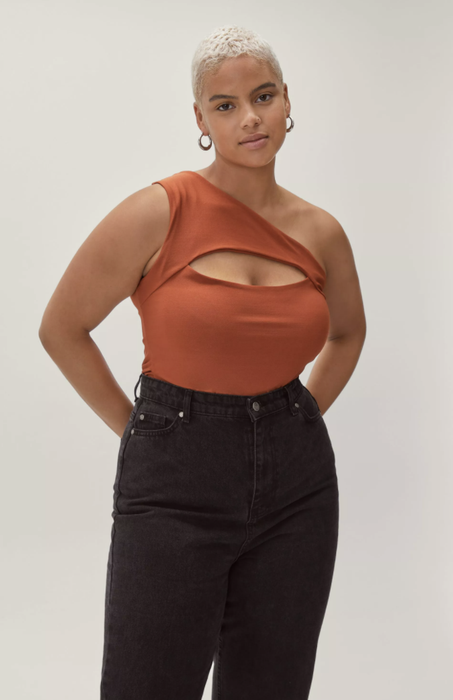 model wearing a one-shoulder bodysuit