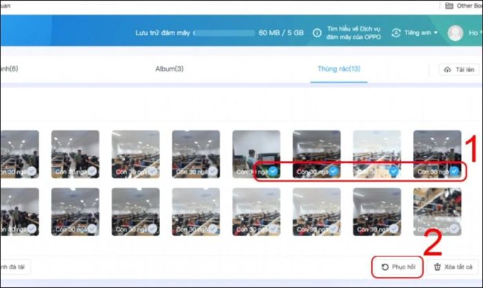 Nhấn Phục hồi để khôi phục các ảnh đã chọn