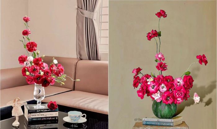Tiếp tục cắm các cành hoa phụ ngắn hơn, nghiêng nhẹ xung quanh các cành hoa chính