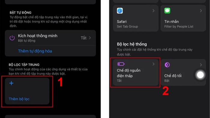 chọn ô Thêm bộ lọc và nhấn vào Chế độ tiết kiệm pin