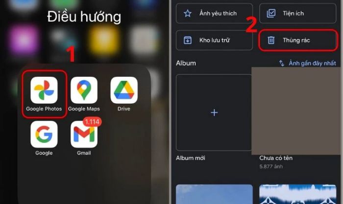 Trong phần Thư viện, tìm và chọn mục Thùng rác