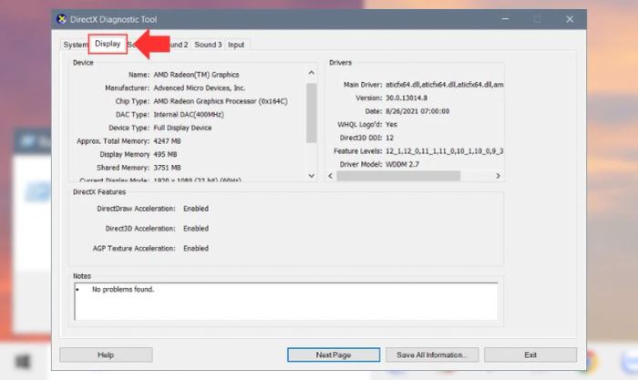 Hướng dẫn đọc thông số card màn hình laptop bằng công cụ DirectX Diagnostic Tool