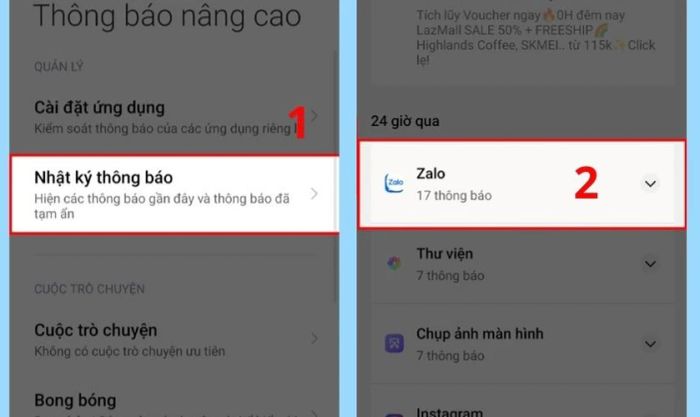 Truy cập vào mục Nhật ký thông báo