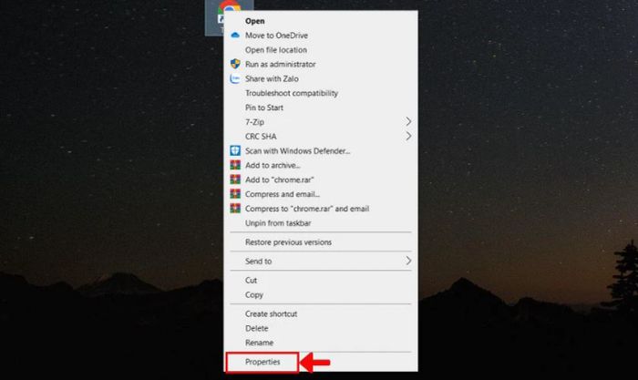 Mở cửa sổ Properties của ứng dụng Google Chrome