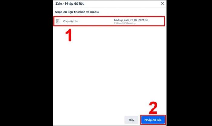Chọn tập tin và nhấn Nhập dữ liệu