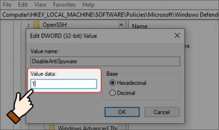Thay đổi giá trị trong ô Value Data từ 0 sang 1