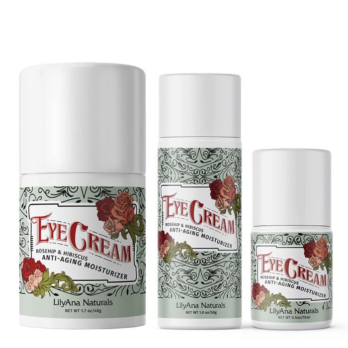 The eye cream in 0.5, 1, and 1.7-ounce bottles displayed side by side.