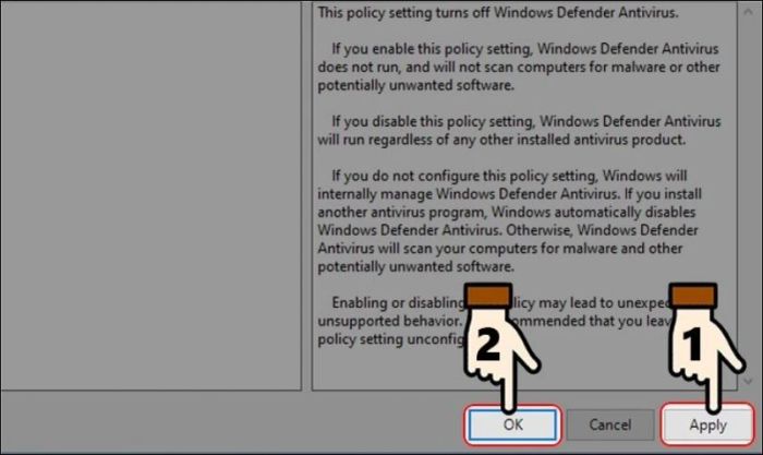 Chọn Turn off Windows Defender Antivirus và chuyển trạng thái sang Enabled