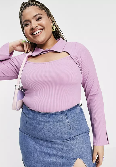 model showcasing a ribbed cutout collared top
