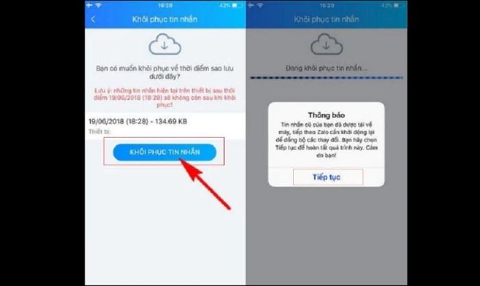 Nhấn Tiếp tục để khởi động quá trình khôi phục tin nhắn