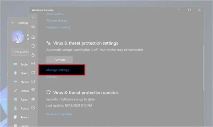 Nhấp vào Manage settings để mở tab quản lý cài đặt bảo vệ